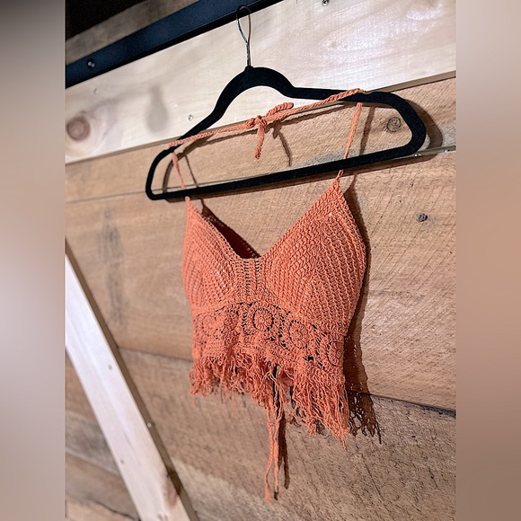 SHEIN CROTCHET TANK TOP CROPPED DISTRESSED ORANGE - Picture 5 of 8